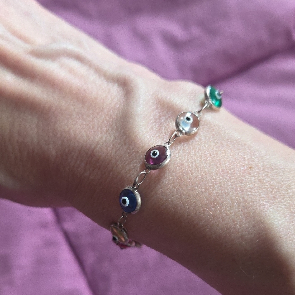 Classic Multicolor "Evil Eye" Beaded 7" Silver Chain Bracelet